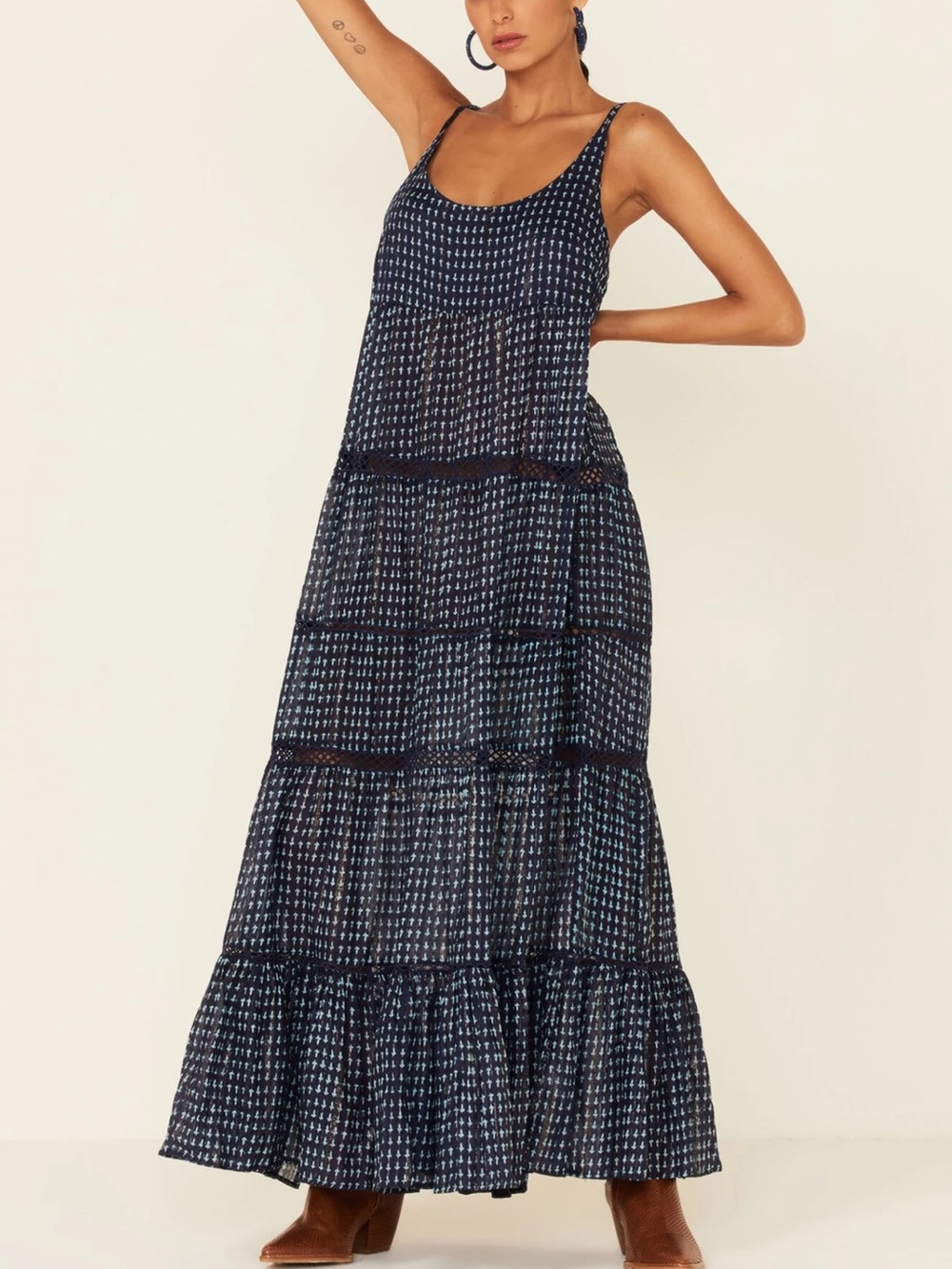 Free People XS Midnight Dance Navy Blue Metallic Print Sleeveless Maxi Dress